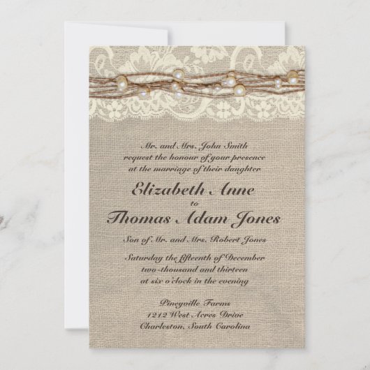 Invitation La dentelle rustique de toile de jute perle le (Devant)