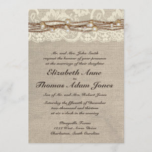 Invitation La dentelle rustique de toile de jute perle le