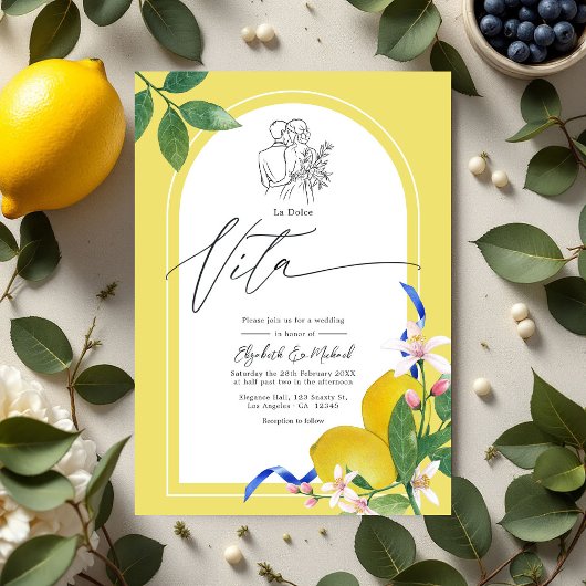 Invitation "La Dolce Vita" Citron et carreaux Mariage italien