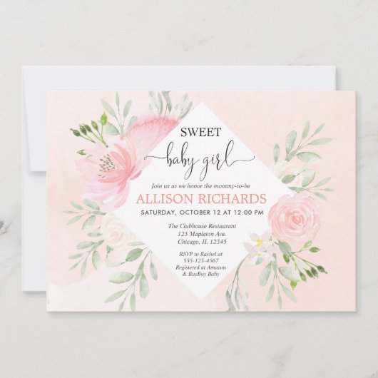 Invitation La douche douce de bébé florale rougissent verdure (Devant)