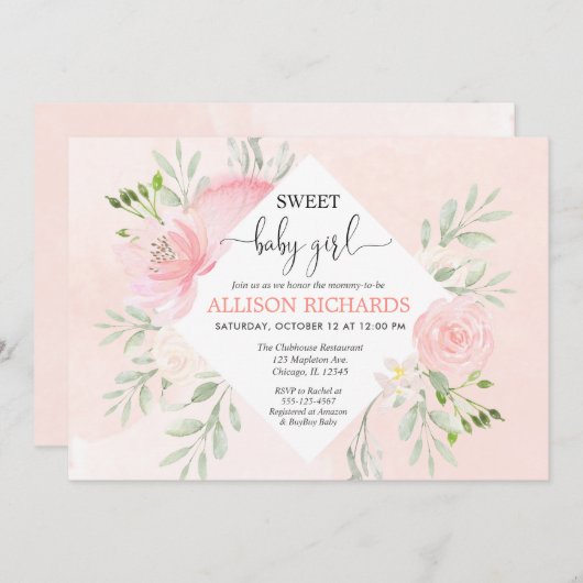 Invitation La douche douce de bébé florale rougissent verdure (Devant / Derrière)