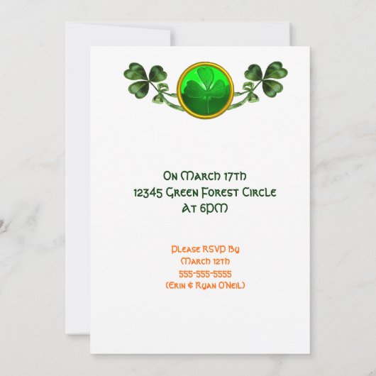 INVITATION LA FÉE DE LA LUNE DE LA SAINT-PATRICK AVEC MONOGRA (Dos)