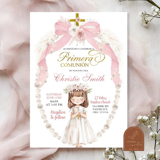 Invitation La Femme Rose Priant Espagnol Primera Comunion