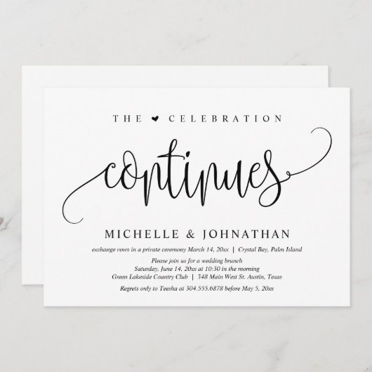 Invitation La fête continue, mariage intime (Devant / Derrière)