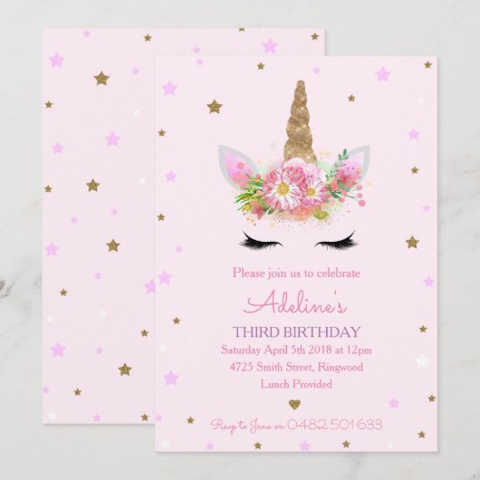 Invitation La fête d'anniversaire rose de licorne invite des (Devant / Derrière)
