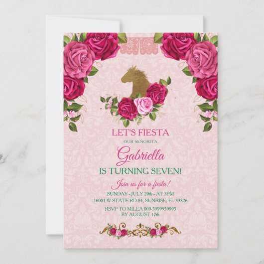 Invitation La fille Rose rose et florale atteint sept ans (Devant)