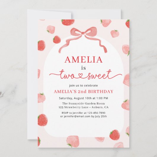 Invitation La fraise de la fille deux douceur Bow 2e annivers (Devant)