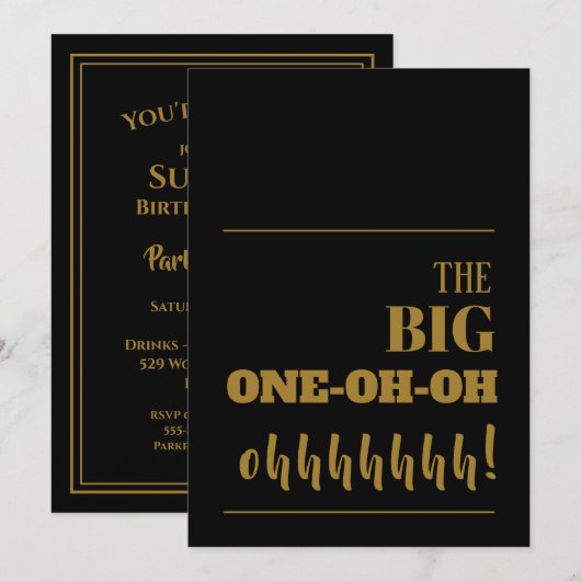 Invitation La GRANDE 100 Black Gold Birthday Party (Devant / Derrière)
