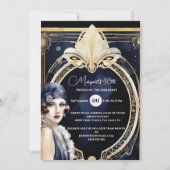 Invitation La grande fille Gatsby bleu or flapper années 1920 (Devant)