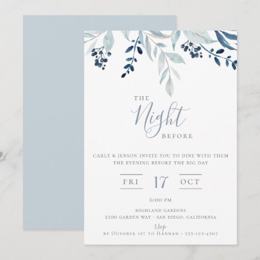 Invitation La Nuit Avant le Dîner de Répétition Fleurs Bleues (Devant / Derrière)
