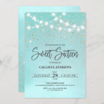 Invitation La Parties scintillant d'or bleu Turquoise éclaire<br><div class="desc">Cette invitation à la fête d'anniversaire de sweet sixteen fillette et glamour est parfaite pour la fille. Il présente des brins lumineux suspendus au-dessus de confettis en parties scintillant brillante en or imitation sur un arrière - plan abstrait bleu turquoise et bleu pastel. Joli, chic, moderne, tendance et cool ;...</div>