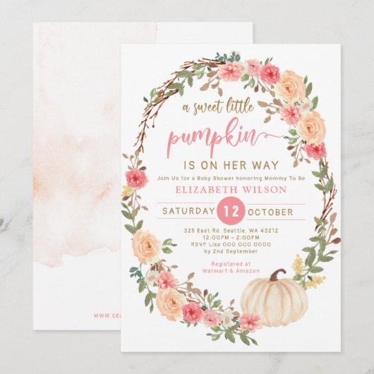 Invitation la petite citrouille est en route pour tomber baby (Devant / Derrière)