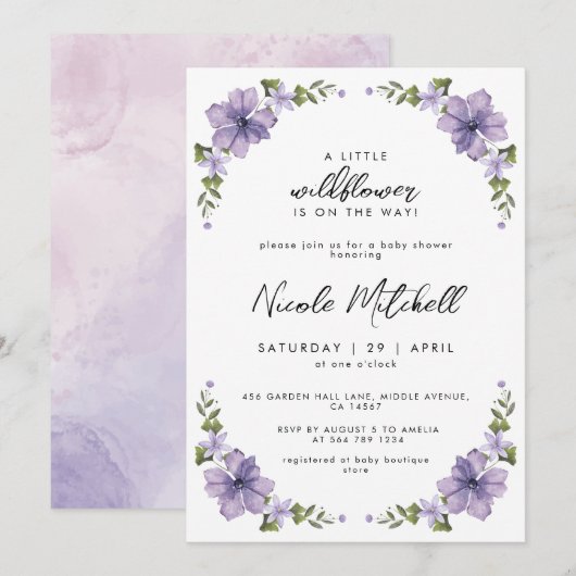 Invitation La petite fleur sauvage est en route Baby Shower (Devant / Derrière)