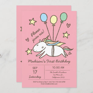 Invitation La petite licorne vole sur les ballons