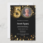 Invitation La photo en or noir étoiles 50e anniversaire (Devant)
