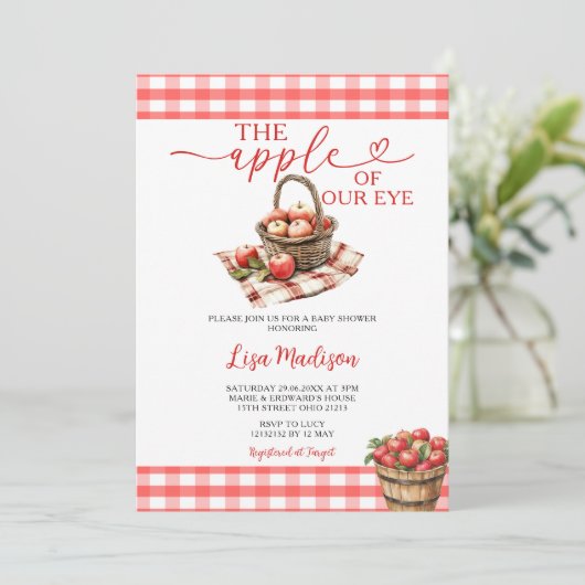 Invitation La pomme de l'oeil Baby shower rouge En vichy (Debout devant)