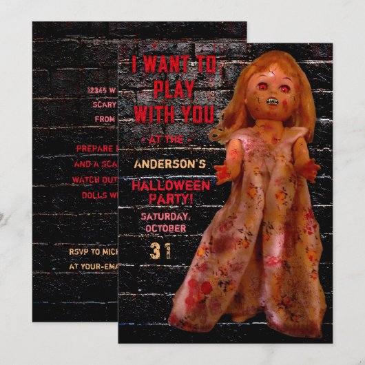 Invitation La poupée Déplaisante de la fête d'Halloween veut (Devant / Derrière)