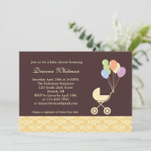 Invitation La poussette jaune avec le Baby shower des ballons (Debout devant)