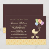 Invitation La poussette jaune avec le Baby shower des ballons (Devant / Derrière)