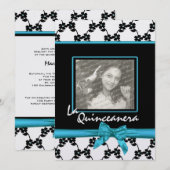 Invitation La Quinceanera Fleurs et Bleu Ruban (Devant / Derrière)