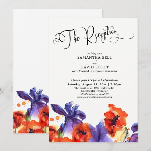 Invitation "La Réception" Typographie Coquelicots rouges Iris (Devant / Derrière)