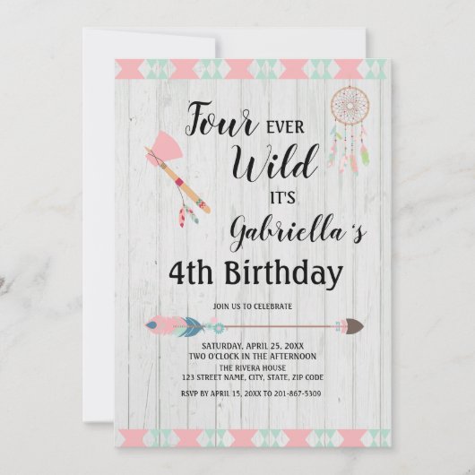 Invitation La tribu rustique Boho quatre ans d'existence sauv (Devant)