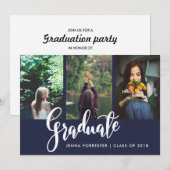 Invitation La typographie des diplômés Trois photos| Navy Blu (Devant / Derrière)