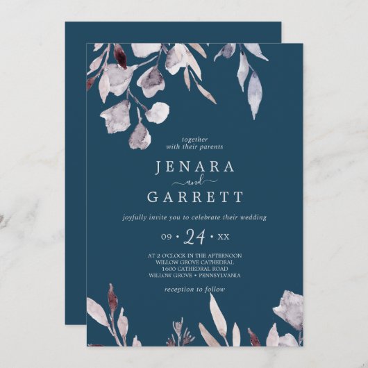 Invitation La verdure d'hiver | Mariage Décontracté bleu (Devant / Derrière)