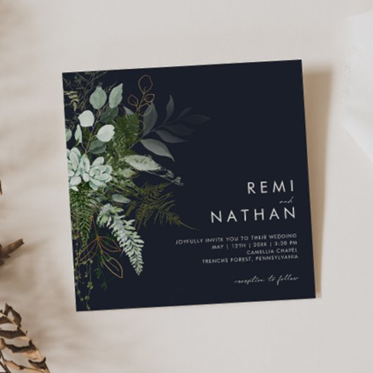 Invitation La verdure et la feuille d'or | Dark Navy Carré Ma