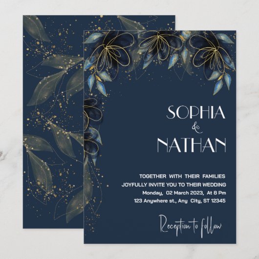 Invitation La verdure et la feuille d'or | Dark Navy Mariage (Devant / Derrière)