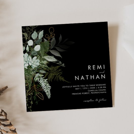 Invitation La verdure et la feuille d'or | Mariage Carré noir