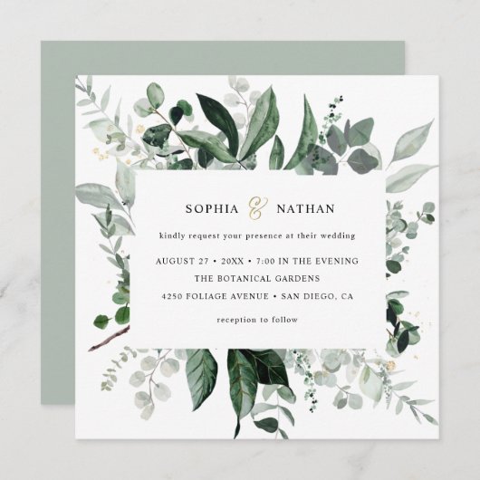 Invitation La verdure sauvage| Mariage botanique Gold Modern (Devant / Derrière)