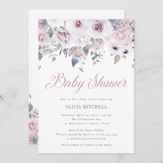 Invitation La violette rougissent baby shower floral de | (Devant / Derrière)