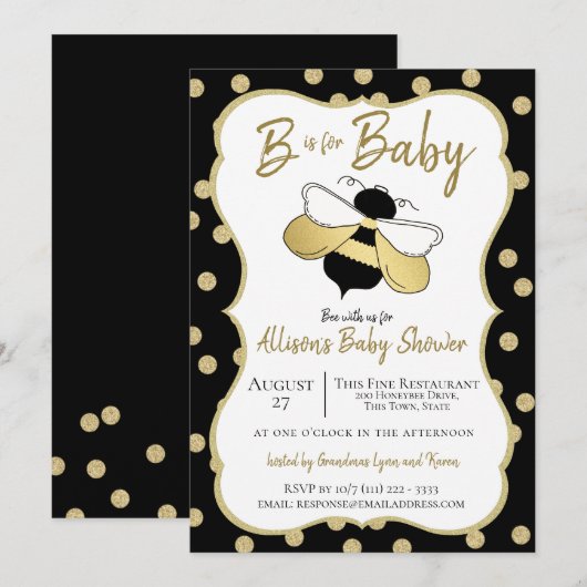 Invitation L'abeille est pour le Baby shower (Devant / Derrière)