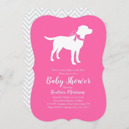 Invitation Labrador Baby shower chien Lab Fille rose (Devant / Derrière)