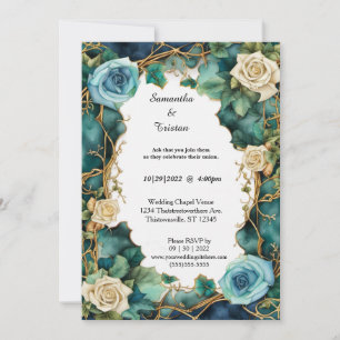 Invitation Lac Blue Aquarelle Floral Rose Élégant Mariage