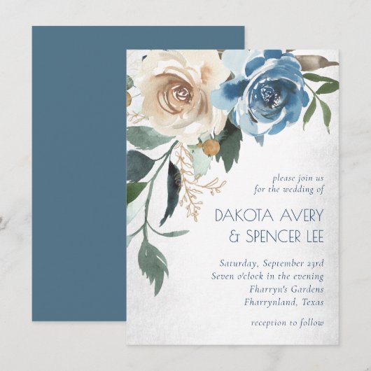 Invitation Lac Floral | Dusty Blue Denim Cream Mariage (Devant / Derrière)