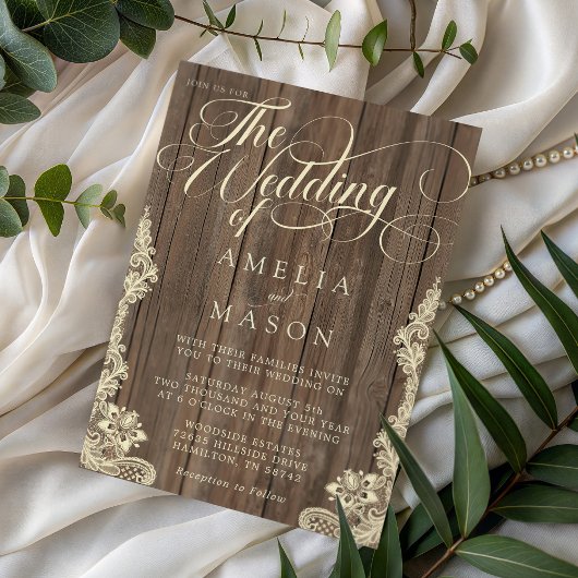 Invitation Lace and Wood Script Calligraphy Rustic Wedding