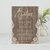 Invitation Lace and Wood Script Calligraphy Rustic Wedding (Debout devant)