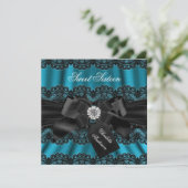 Invitation Lace & Bow Turquoise Black Sweet sixteen Invitatio (Debout devant)