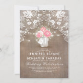 Invitation Lace Burlap Pink Peonies Mason Jar Mariage rustiqu (Devant)