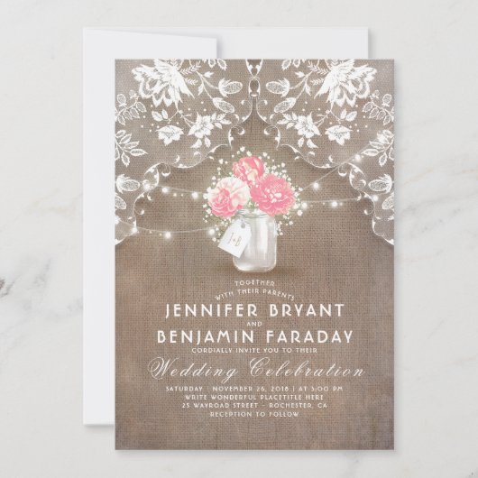 Invitation Lace Burlap Pink Peonies Mason Jar Mariage rustiqu (Devant)