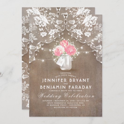 Invitation Lace Burlap Pink Peonies Mason Jar Mariage rustiqu (Devant / Derrière)