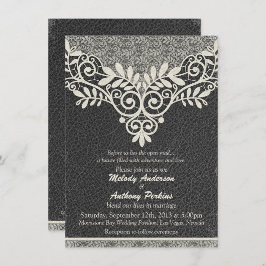 Invitation Lace cuir Rustique Black Ivory Biker Mariage (Devant / Derrière)