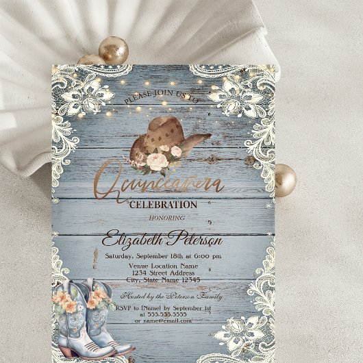 Invitation Lace Floral Boots Blue Wood Quinceañera  