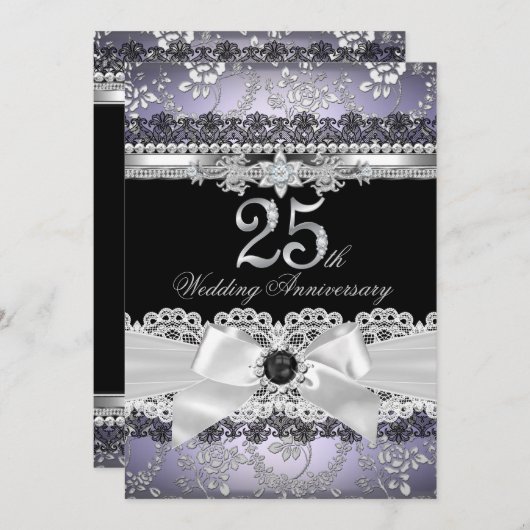 Invitation Lace Pearl Bow argent violet 25e anniversaire (Devant / Derrière)