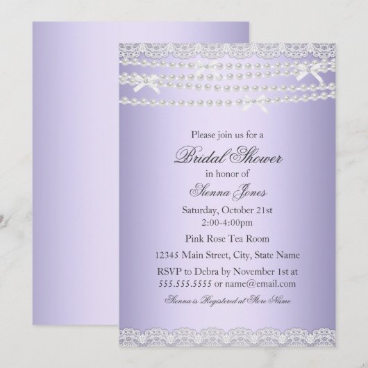 Invitation Lace & Pearl Purple Douche nuptiale (Devant / Derrière)