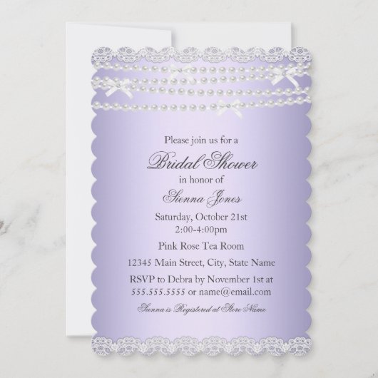 Invitation Lace & Pearl Purple Douche nuptiale (Devant)