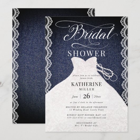 Invitation Lace Pearls Denim Robe de mariée Chic Fête des mar (Devant / Derrière)