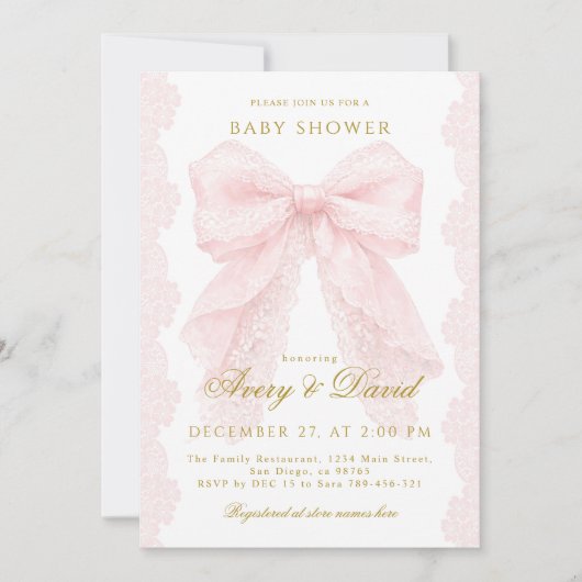 Invitation Lace Pink Bow Girl Baby Shower  (Devant)